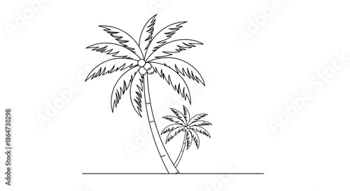 Simple black and white line drawing of two palm trees with coconuts on a sandy beach against a white background.