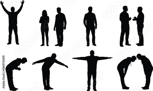 People silhouette poses set showing men and women standing talking bending stretching body language gestures isolated black white illustration