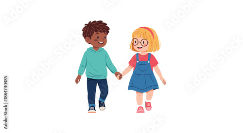 Young boy and girl holding hands and walking together with happy expressions against a solid white background in simple style.