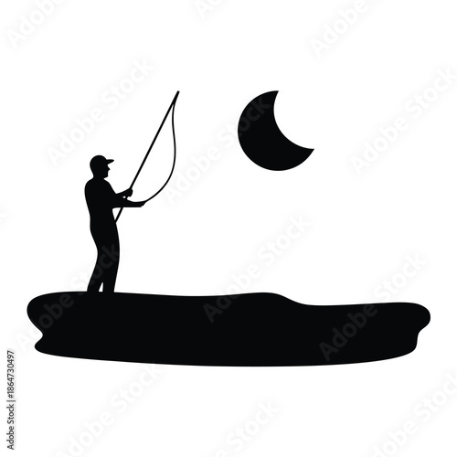 Silhouette of a fisherman casting at night under the crescent moon's glow