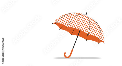 Open orange umbrella with a white polka dot pattern and a curved wooden handle casting a soft shadow on a white background.