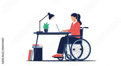 Young woman in a wheelchair working on a laptop at a desk with a lamp, a plant, and books in a modern home office setting.