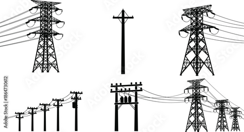 Power transmission towers and utility pole silhouettes showing high voltage electricity grid infrastructure energy distribution illustration isolated black white