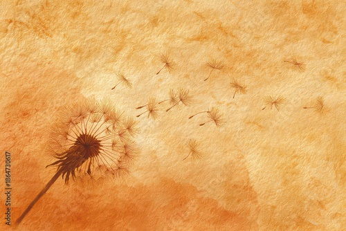 A warm-toned dandelion composition is depicted in passive voice, seeds scatter softly, wishful calm is present 