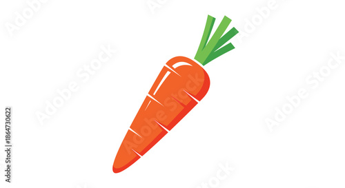 Fresh orange carrot with green leafy tops shown diagonally against a plain white background for healthy food concepts.