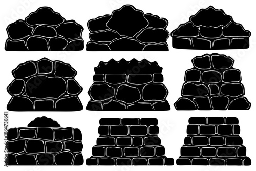 silhouette of bundle Stone wall vector illustration isolated on white background