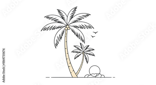 Simple minimalist line art illustration featuring two tropical palm trees on a beach with flying birds and a beautiful setting sun over the ocean.
