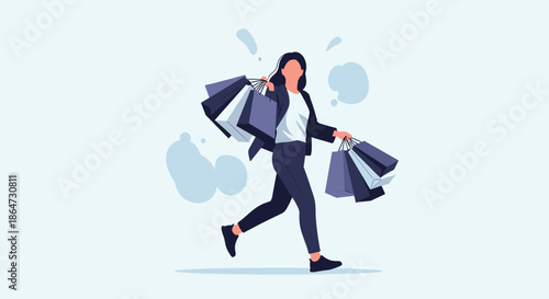 Fashionable woman in a smart business suit walking briskly while carrying several colorful shopping bags from a successful retail therapy trip.