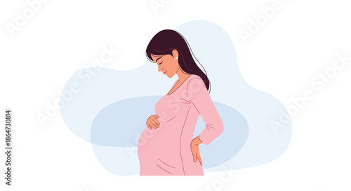 Beautiful pregnant woman in a soft pink dress standing and gently touching her belly against a calm abstract background with light blue shapes.