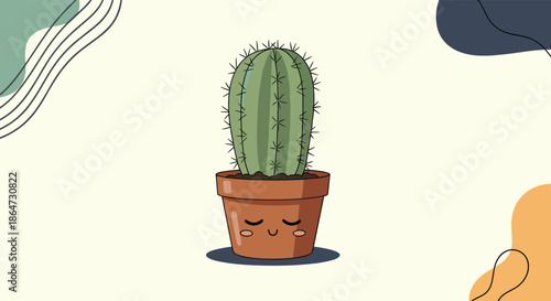 Cute cartoon cactus character with a friendly smiling face in a terracotta pot set against a colorful abstract background with organic shapes.