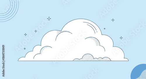 Minimalist illustration of a fluffy white cloud floating in a clear blue sky decorated with small twinkling stars and soft blue circular patterns.