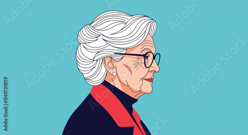 Detailed side profile portrait of an elegant elderly woman with stylish white hair wearing black glasses and a dark coat with a red collar.