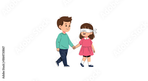 Young boy kindly leading a blindfolded girl by the hand while playing a childhood game of hide and seek or a trust exercise in a white space.