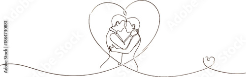 Elegant continuous line art drawing depicts a romantic couple embracing within a large golden heart symbolizing everlasting love and deep affection on a soft background.