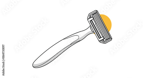Modern multi-blade manual shaving razor with a sleek white handle shown against a plain background with a decorative yellow circle element.