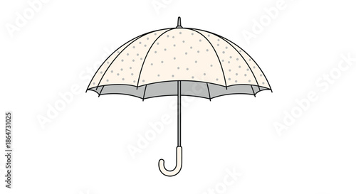 Simple line art illustration of a white umbrella with a subtle polka dot pattern on its canopy and a curved handle for rainy weather themes.