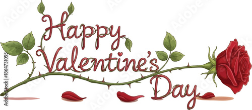 Happy Valentine's Day greeting artfully crafted from a thorny rose stem and a single deep red bloom symbolizing enduring love and romance.