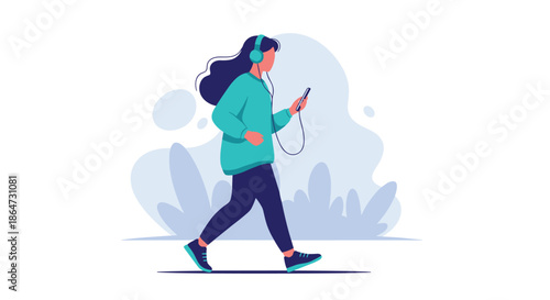 Active woman walking outdoors while listening to music through headphones and looking at her mobile phone screen against a soft blue background.