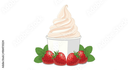 Cup of creamy frozen yogurt or soft serve ice cream garnished with several fresh ripe red strawberries at the base on a white background.