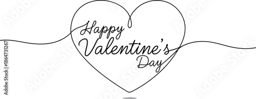 Minimalist continuous line art drawing of a heart shape containing elegant cursive text wishing everyone a happy valentine's day celebration