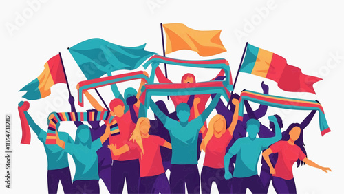 Crowd of Soccer Fans Cheering with Flags and Scarves in Stadium