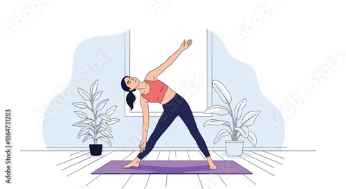 Woman practicing a triangle yoga pose in a bright living room decorated with potted plants on a purple mat for health and wellness themes.