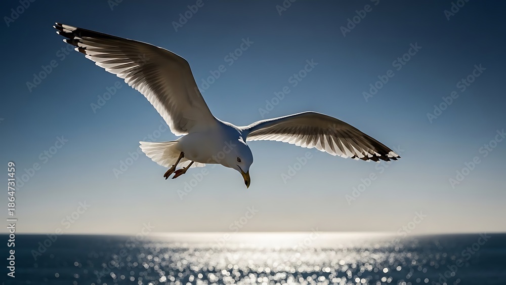 Fototapeta premium Seagull Flying Over The Ocean With Sunlight Reflecting On The Water photo