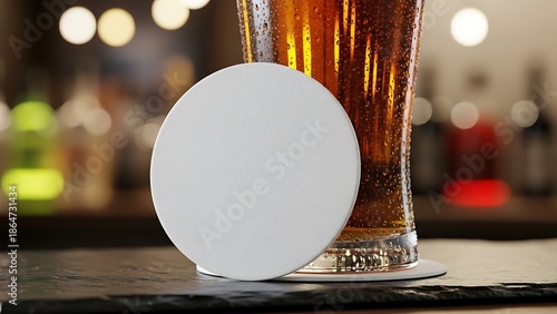 Round White Beer Coaster in Front of Glass of Amber Ale drink beverage