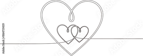Elegant continuous line art drawing depicting three intertwined hearts symbolizing deep affection, everlasting love, commitment, and cherished relationships against a soft pink gradient background.