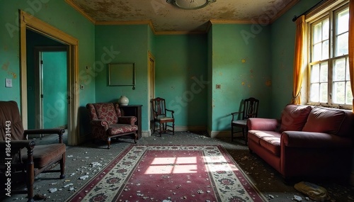 Neglect and Disrepair A Dimly Lit Interior Space Revealing Poor Living Conditions, Featuring Peeling Paint, Stained Carpet, and Broken Furniture.