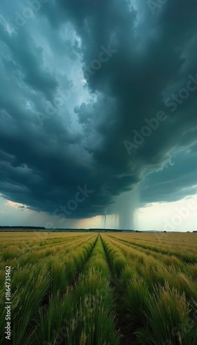 Ominous Storm Clouds Gathering Over Vast Grassland, Impending Downpour, Dramatic Weather Scene