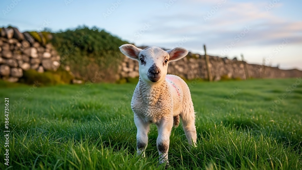 Fototapeta premium Young Lamb Standing in Green Grassy Field with Stone Wall sheep young animal