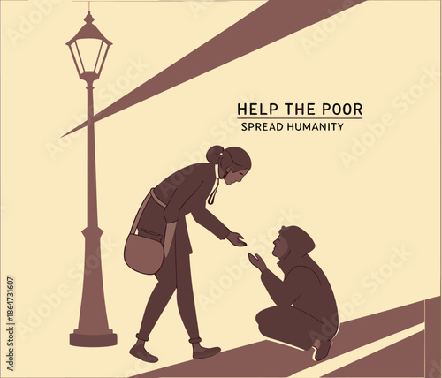 Woman helping a poor person on the street at night