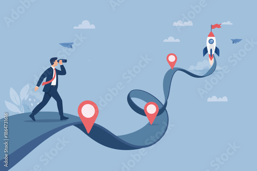 Strategic Ascent: An ambitious businessman, armed with binoculars, charts a course towards a rocket soaring to the skies, visualizing his path to success and innovation.