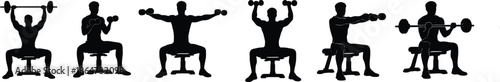 Fitness Routine: A series of workout exercise depicting various exercises using dumbbells, barbell and bench for weight lifting.