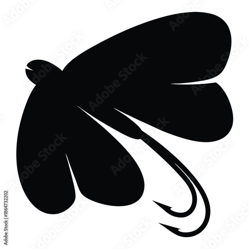 Simple black silhouette of a fishing lure with hook on white background