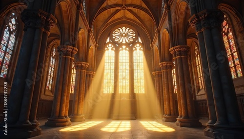 Sunlit Cathedral Interior Majestic Architecture and Divine Light Streaming Through Stained Glass Windows