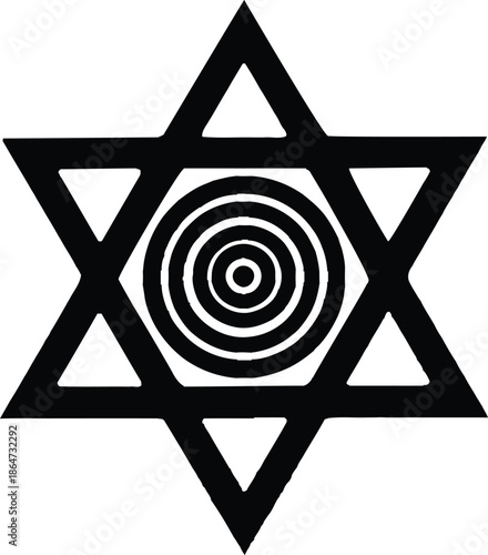 Black Star of David hexagram symbol with concentric circles inside representing Jewish faith spirituality and geometric target design for religious identity logo and mystery concept icon.