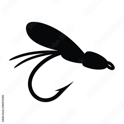 Stylized black silhouette of a fly fishing lure or bait on white
