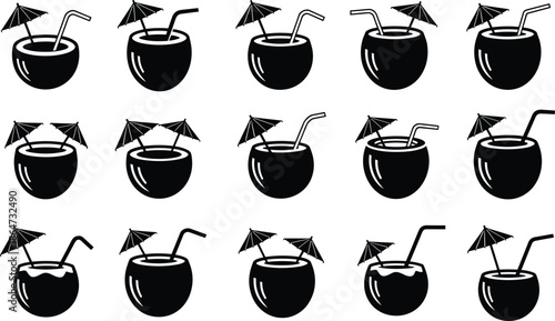 Coconut drink illustration, tropical beverage icon, summer refreshment art, exotic cocktail design, straw umbrella pattern, black white vector, vacation party symbol