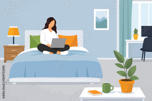 Remote Work Haven: A woman works on a laptop in a cozy, well-lit bedroom, finding the perfect balance between comfort and productivity. The room's soft hues, curated details.