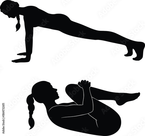 Dynamic Fitness Forms: Silhouette representations of a woman executing a plank and a knees-to-chest exercise, portraying a fusion of strength, balance, and body awareness. 