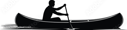Canoe paddling silhouette illustration, outdoor adventure art, water sport design, person rowing vector, recreational activity drawing, black and white artwork image