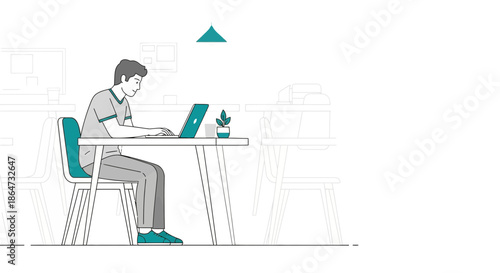 Man working on laptop at desk in minimalist office interior, flat design illustration.