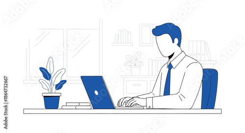 Man working on laptop at desk in minimalist office, blue and white illustration