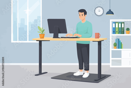 Workspace Ergonomics: A person stands at an adjustable desk in a modern office setup, surrounded by productivity tools and creating a healthy workspace.
