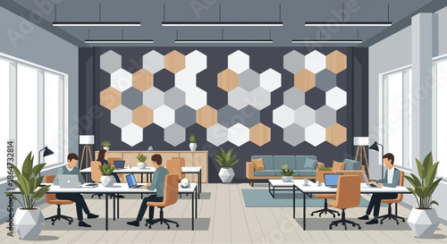 Modern office interior with people working at desks and hexagonal wall decor.