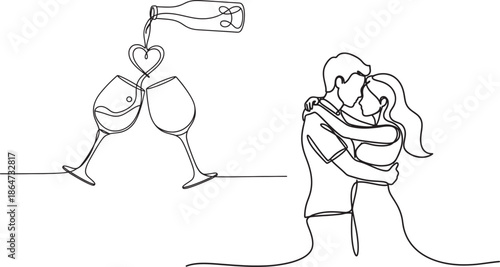 Valentine’s Day One Line Couple Love Wine Glass Minimal Romantic Illustration