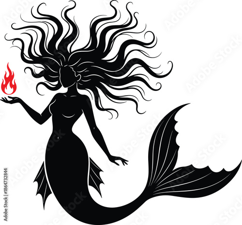 Mermaid silhouette illustration, fantasy ocean art, mythical aquatic creature, long hair design, tail fin artwork, red flame concept, mystical underwater theme image