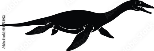 Plesiosaur silhouette illustration, marine reptile art, prehistoric ocean creature, long neck dinosaur, aquatic fossil design, extinct species artwork, evolutionary biology concept image